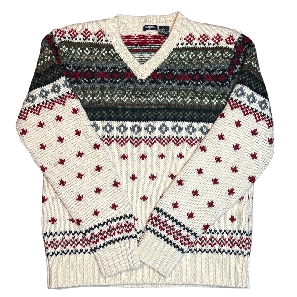 Langenis Mens Fair Isle V-Neck Sweater Cream Burgundy Wool Blend Size Large